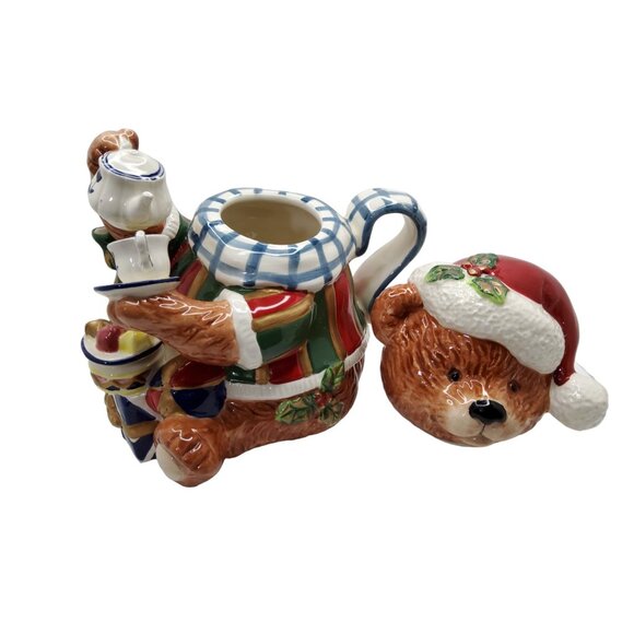 Vtg Cracker Barrel Ceramic Santa Teddy Bear ChristmasTeapot Hand Painted, with b - Picture 5 of 8